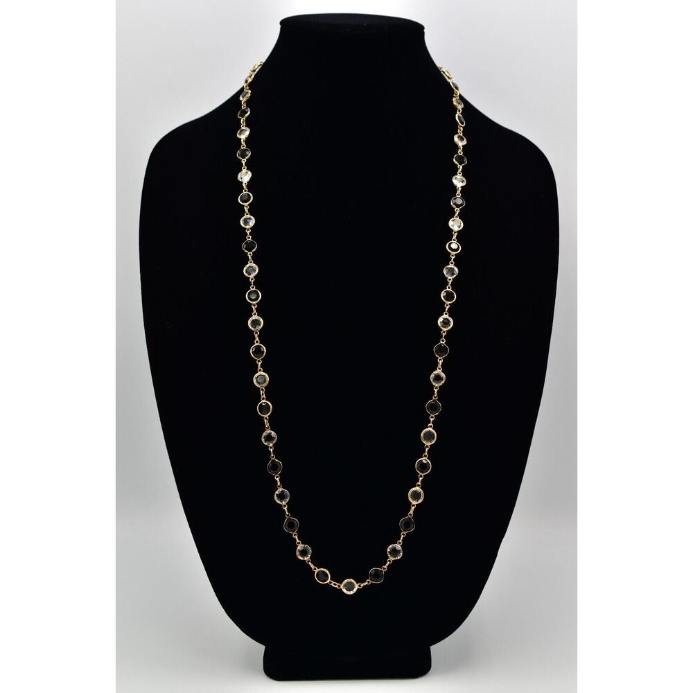 Austrian USA Crystal Open Bezel Necklace Black White Gold Signed 1980s BinBL